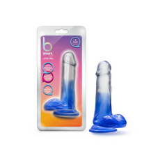 B Yours Stella Blue dildo beside retail packaging, clear-to-blue gradient jelly material