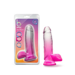 B Yours Sugar Magnolia 7-inch fuchsia dildo beside its gradient-pink retail blister packaging