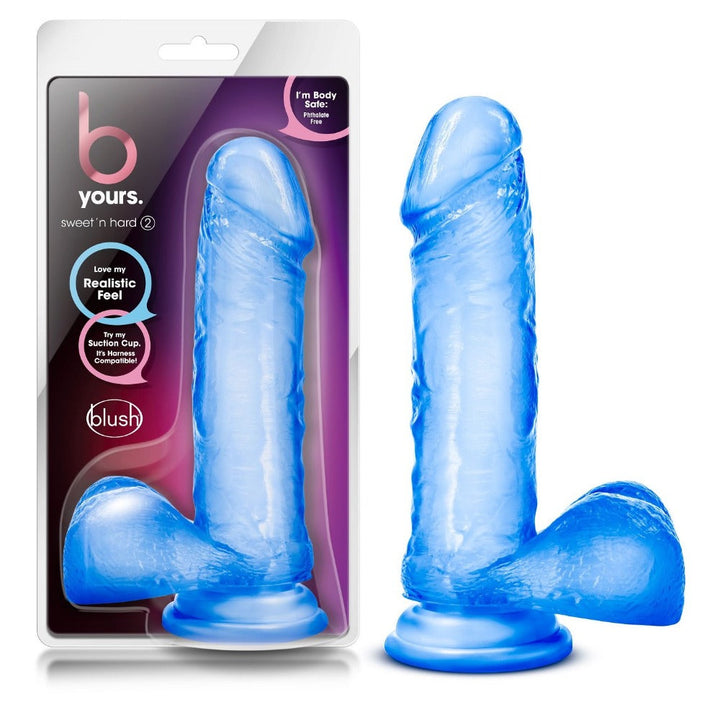 B Yours Sweet N Hard 2 blue dildo with suction base beside retail packaging