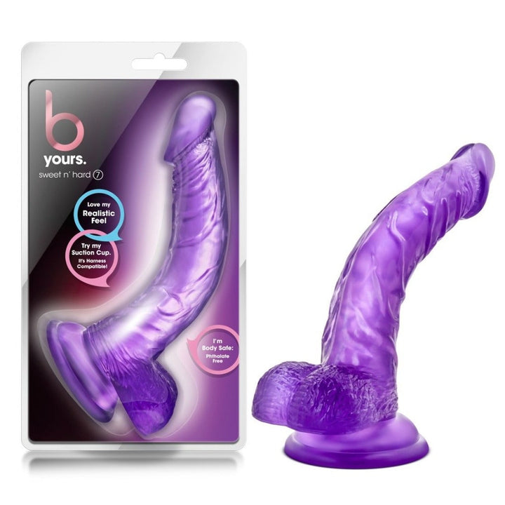 B Yours Sweet N Hard 7 purple dildo with suction cup base beside retail packaging