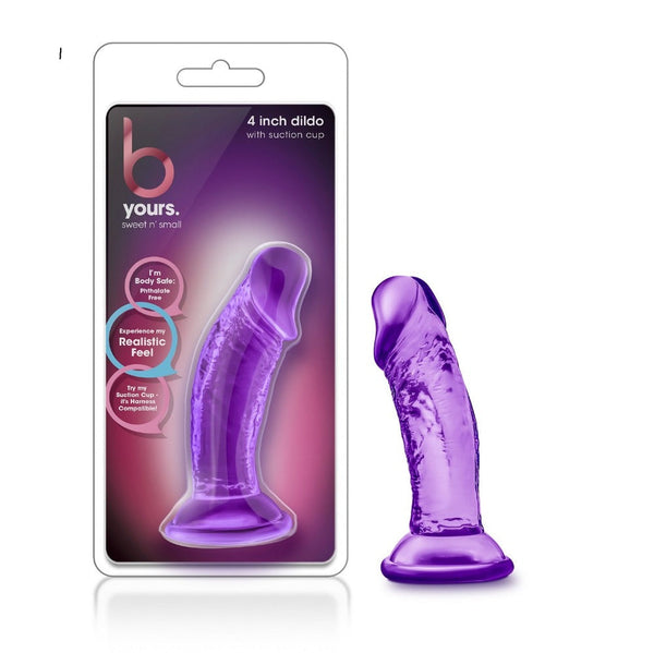 B Yours Sweet N Small 4-inch purple dildo with suction cup base beside retail packaging