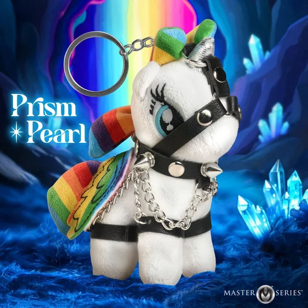 Master Series Prism Pearl Bondage Pony Keychain – rainbow plush unicorn pony with silver horn and black bondage harness