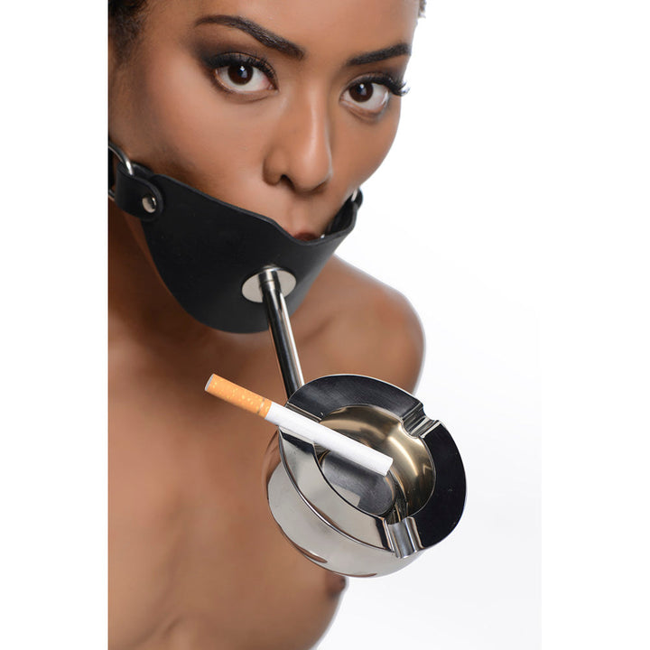 XR Ashtray Ball Gag – black leather strap ball gag with stainless steel ashtray