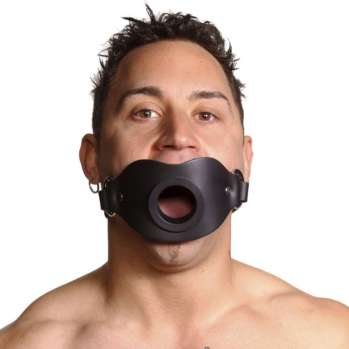 XR Locking Open Mouth Feeder Gag – black strap with leather-wrapped metal mouth opening