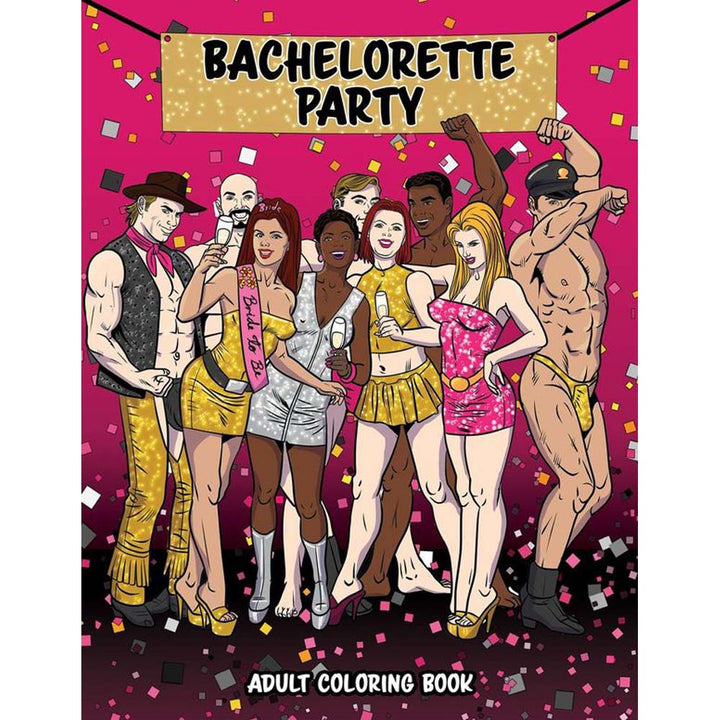 Bachelorette Party Adult Coloring Book cover by Wood Rocket with bold pink design and group scene
