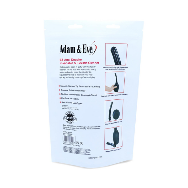 Back of Adam & Eve EZ Anal Douche bag packaging with usage instructions and diagrams