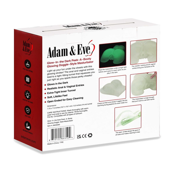 Back of Adam & Eve Peek-A-Booty box showing features, dimensions, and care instructions