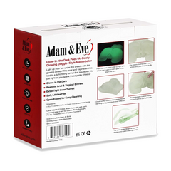 Back of Adam & Eve Peek-A-Booty box showing features, dimensions, and care instructions