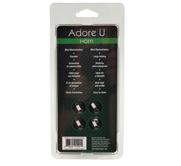 Back of Adore U Höm blister pack showing bilingual features including waterproof and stretchy