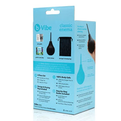 Back of b-Vibe Classic Enema box showing 4-piece set contents and multilingual text