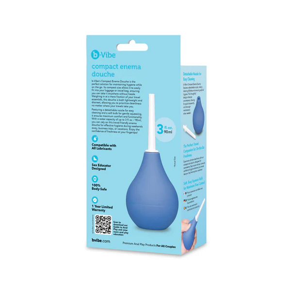 Back of b-Vibe Compact Enema Douche retail box showing product details and compatibility notes