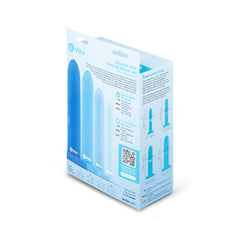 Back of b-Vibe dilator set box displaying progressive sizing chart and product details