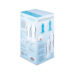 Back of b-Vibe glass dilator set box showing size diagrams and product feature icons