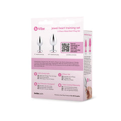 Back of b-Vibe Jewel Heart Training Set box showing size diagrams and multilingual features