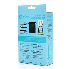 Back of b-Vibe Lubricant Applicator Set box showing contents and multilingual features