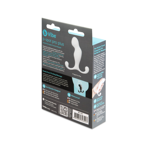 Back of b-Vibe P-Spot Pro Plus packaging listing waterproof feature, warranty, and product details