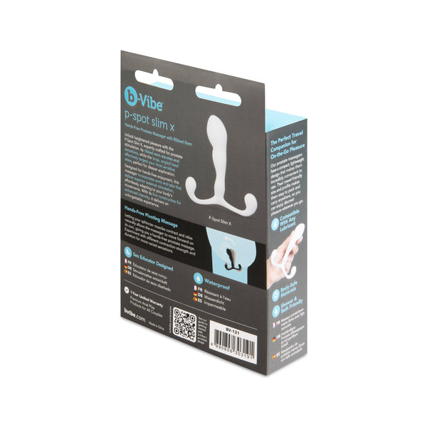 Back of b-Vibe P-Spot Slim X packaging showing features, waterproof icon, and barcode label