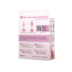 Back of b-Vibe Pink Roses Training Set box showing size comparison and product details