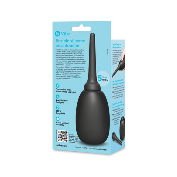 Back of b-Vibe retail packaging listing body-safe silicone, 150ml capacity, and lubricant compatibility