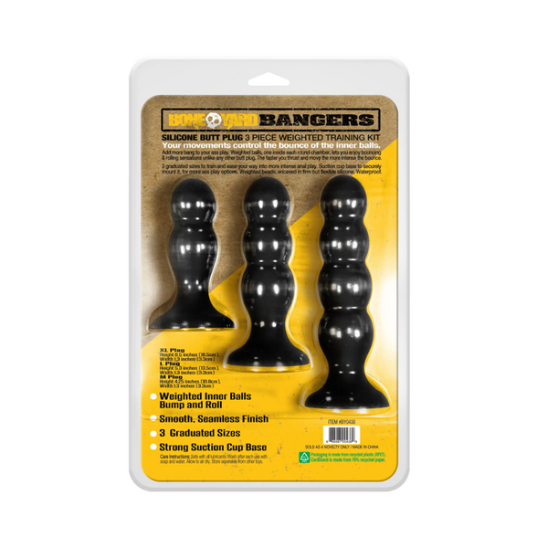 Back of Bangers 3-piece weighted training kit showing features, sizes, and suction cup base details