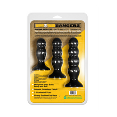 Back of Bangers 3-piece weighted training kit showing features, sizes, and suction cup base details