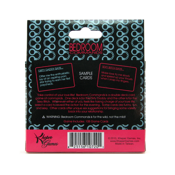 Back of Bedroom Commands packaging showing game description, sample cards, and card count