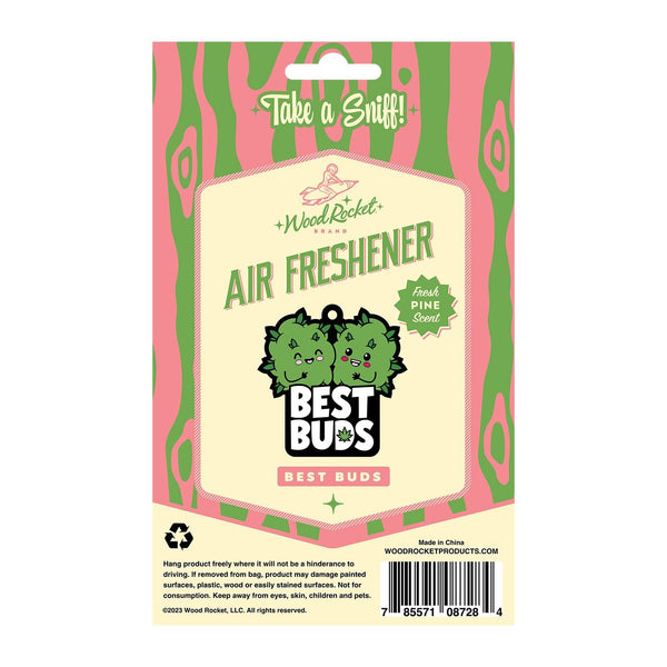 Back of Best Buds air freshener package with usage instructions and pine scent label