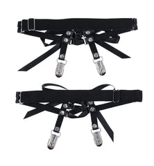 Back view of black elastic band garters with silver stocking clips and ribbon bow accents