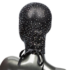 Back view of black rhinestone mesh hood showing corset-style satin lace-up closure at nape