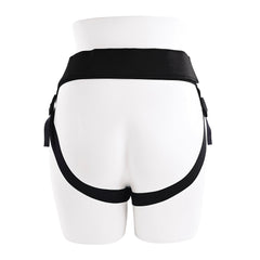 Back view of black strap-on harness showing adjustable leg and waist straps