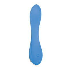 Back view of Blue Crush vibrator showing single power button on blue silicone body