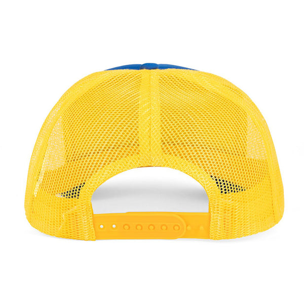 Back view of blue and yellow trucker hat with breathable yellow mesh and adjustable snapback closure