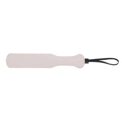 Back view of blush pink BDSM paddle with ergonomic handle shape and black loop wrist strap