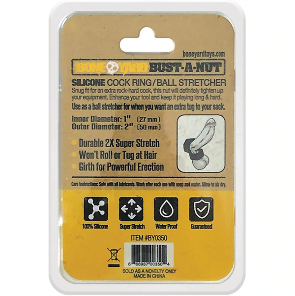 Back of BoneYard Bust-A-Nut package listing specs: 1-inch inner diameter, 100% silicone