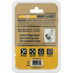 Back of BoneYard Bust-A-Nut package listing specs: 1-inch inner diameter, 100% silicone