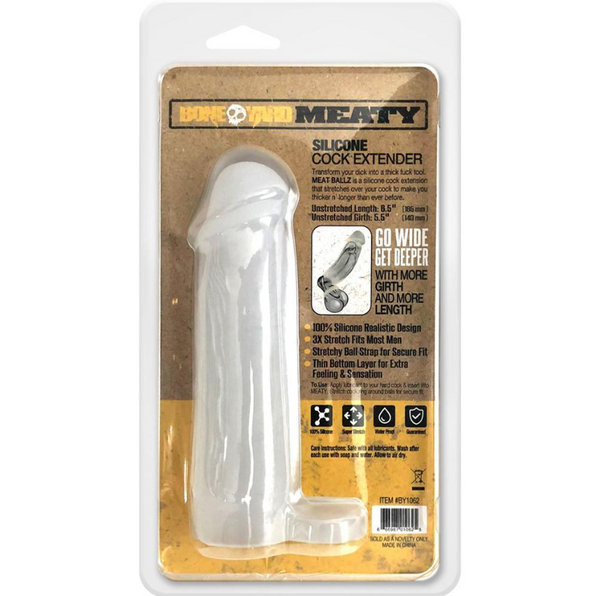 Back of Boneyard Meaty packaging showing unstretched dimensions and key silicone features