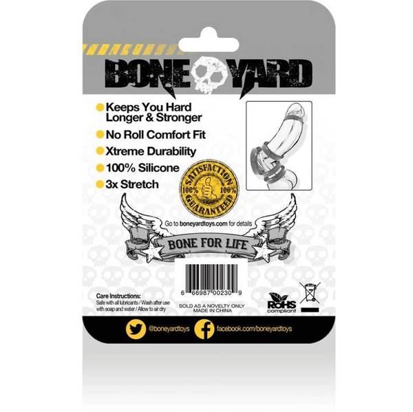 Back of Boneyard packaging listing 100% silicone material, 3x stretch, and care instructions