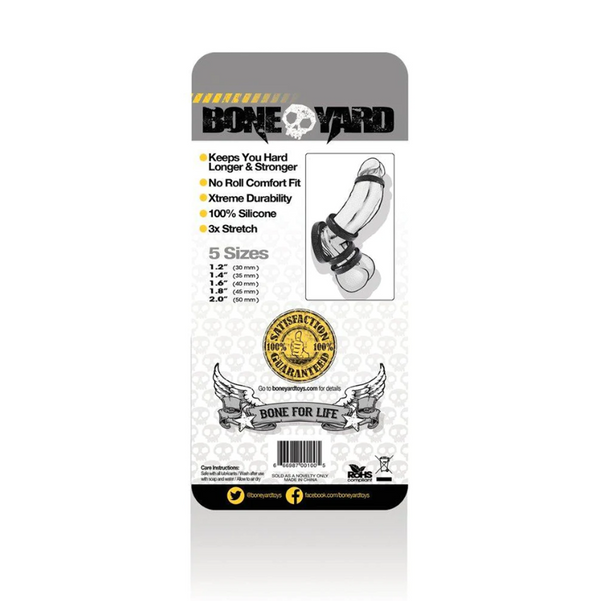 Back of BoneYard packaging listing key features: 100% silicone material, no-roll fit, and five sizes from 1.2 to 2.0 inches