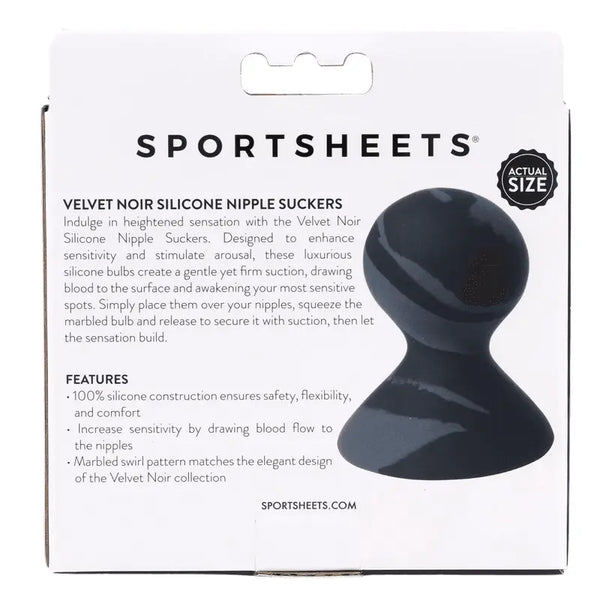 Back of box with product description and actual-size view of the marbled black silicone suction bulb