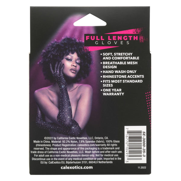 Back of CalExotics Radiance gloves packaging listing soft stretchy nylon and spandex materials
