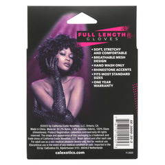 Back of CalExotics Radiance gloves packaging listing soft stretchy nylon and spandex materials