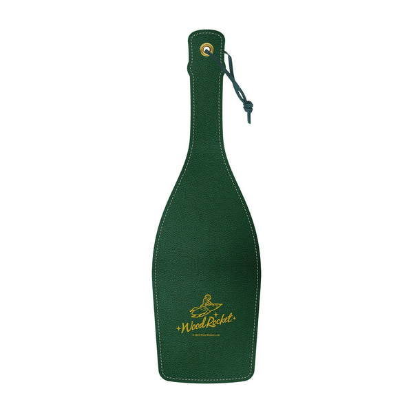 Back view of the Champain Paddle showing solid green faux leather and gold Wood Rocket logo with wrist loop
