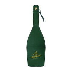 Back view of the Champain Paddle showing solid green faux leather and gold Wood Rocket logo with wrist loop