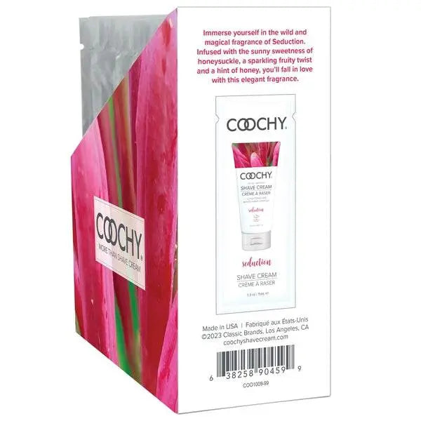 Back of Coochy Seduction shave cream display showing honeysuckle citrus scent details