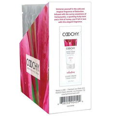 Back of Coochy Seduction shave cream display showing honeysuckle citrus scent details