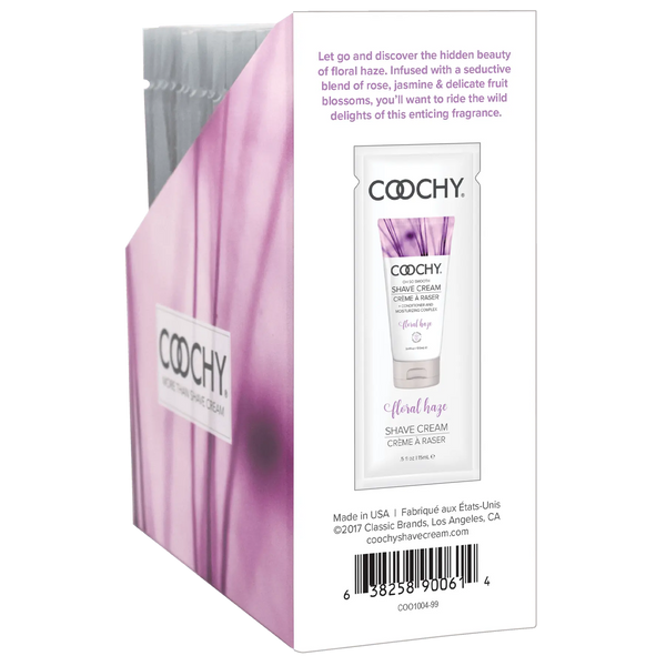 Back of Coochy Shave Cream display showing rose and jasmine fragrance blend description