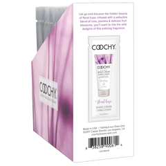 Back of Coochy Shave Cream display showing rose and jasmine fragrance blend description