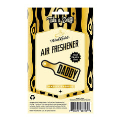 Back of Daddy Paddle air freshener packaging showing usage instructions and peach scent label