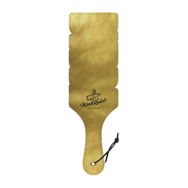 Back view of the Daddy Paddle showing gold faux leather finish and Wood Rocket logo