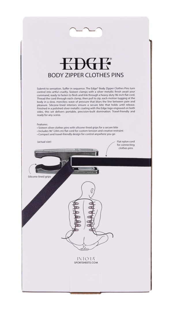 Back of Edge packaging with diagram showing cord-through-pin zipper pull motion on body